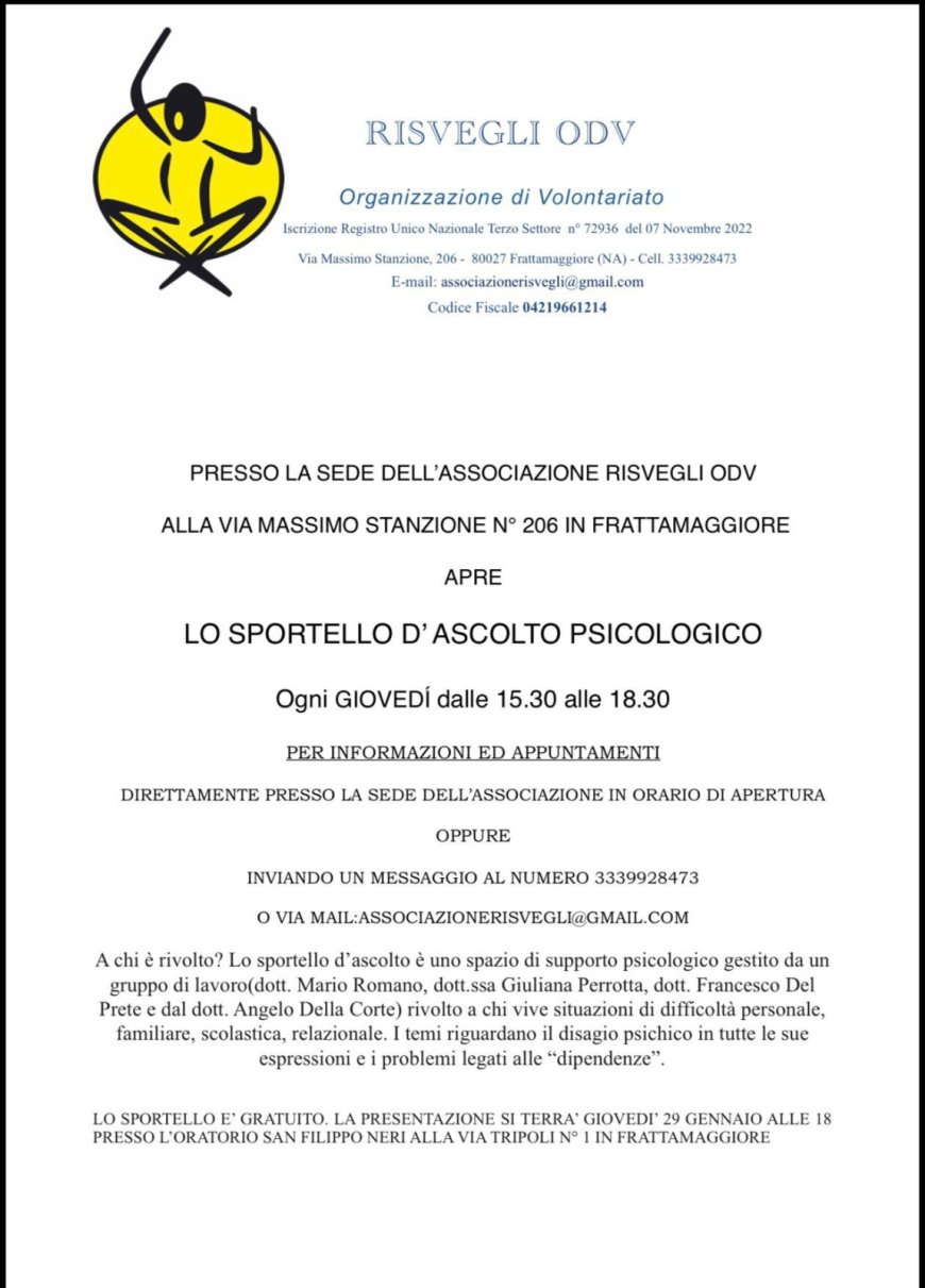 Frattamaggiore: riapre lo Sportello Psicologico Risvegli